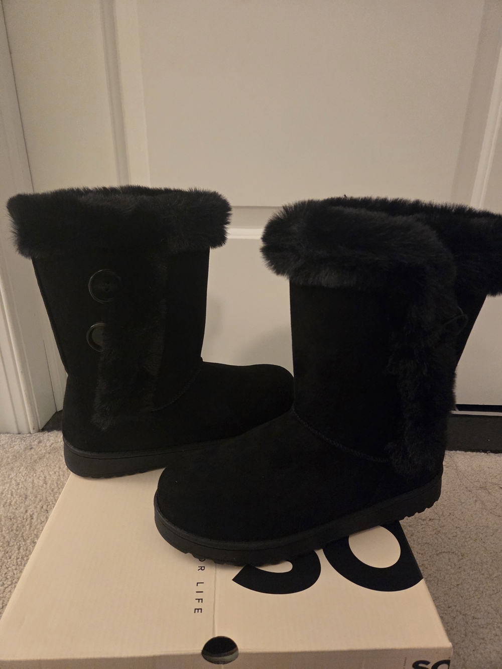 Womens Black Faux Fur Buttoned Winter Boots